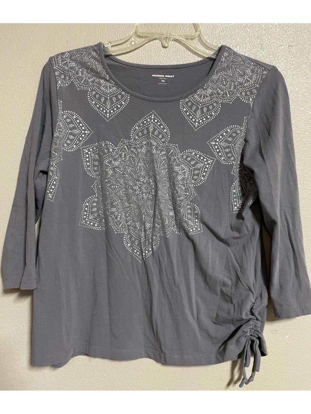 allison daley tops Grey Boho Mandala 3/4 Sleeve Tie Side Petite Small